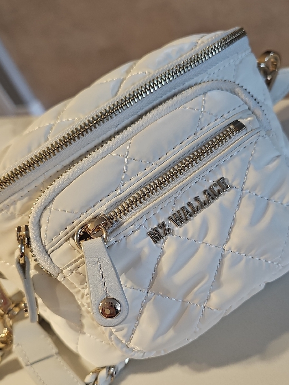 MZ Wallace White Quilted Mini Crossbody with Gold Hardware